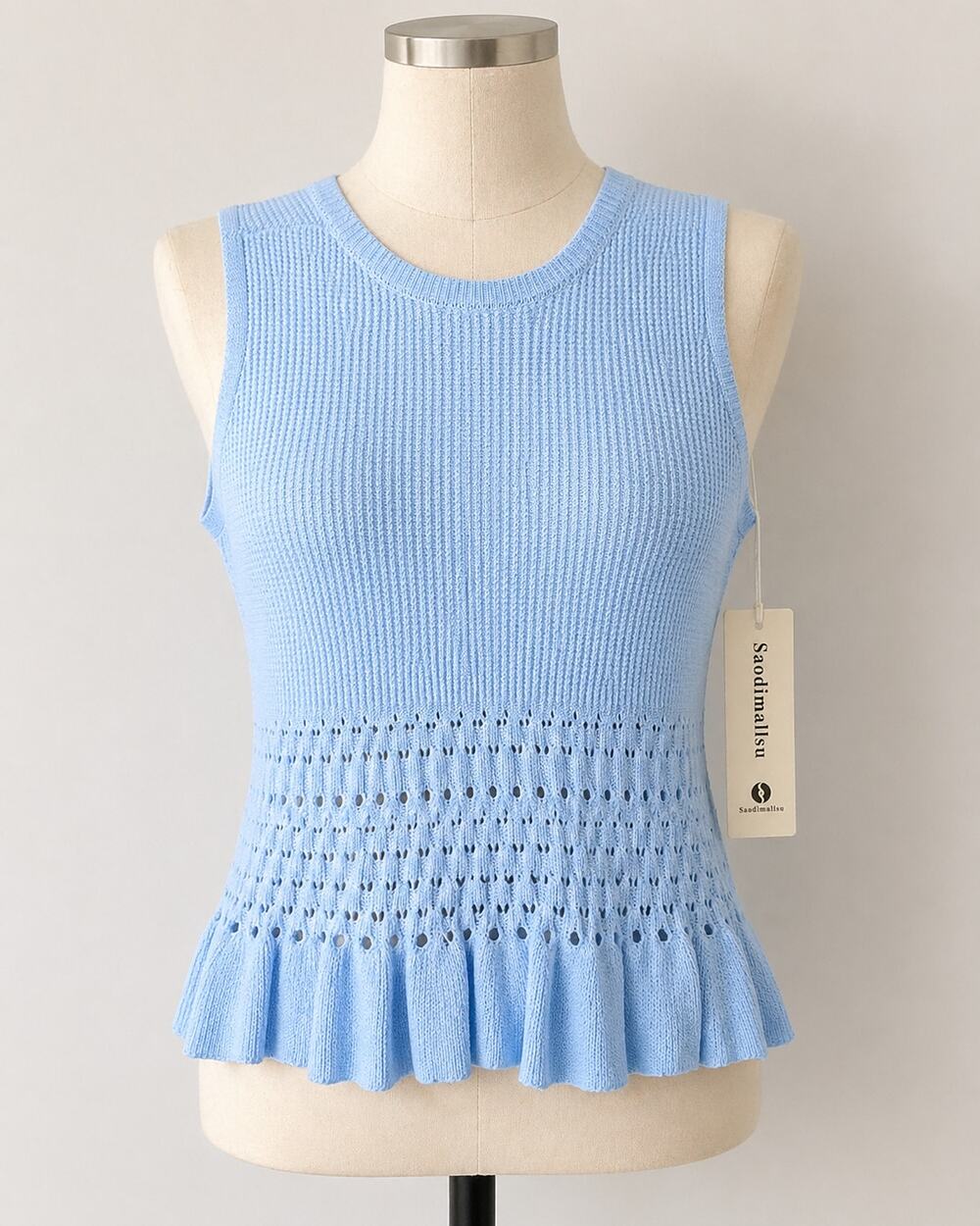 Saodimallsu Light Blue Knit Sleeveless Peplum Top Ruffle Hem Size L NWT